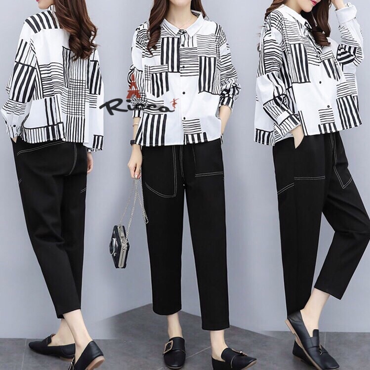 เสื้อผ้าเกาหลี พร้อมส่ง เสื้อเชิ้ตลายทาง กับ กางเกงเอวสม็อค