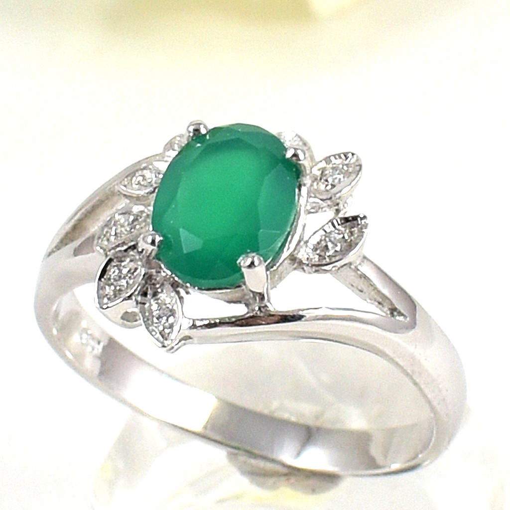 SKJewelryFactory แหวนพลอยกรีนอะเกทแท้ ล้อมเพชร ทรงนี้ใส่นิ้วกลางสวย ขายดีมากๆ ER01139-GAG