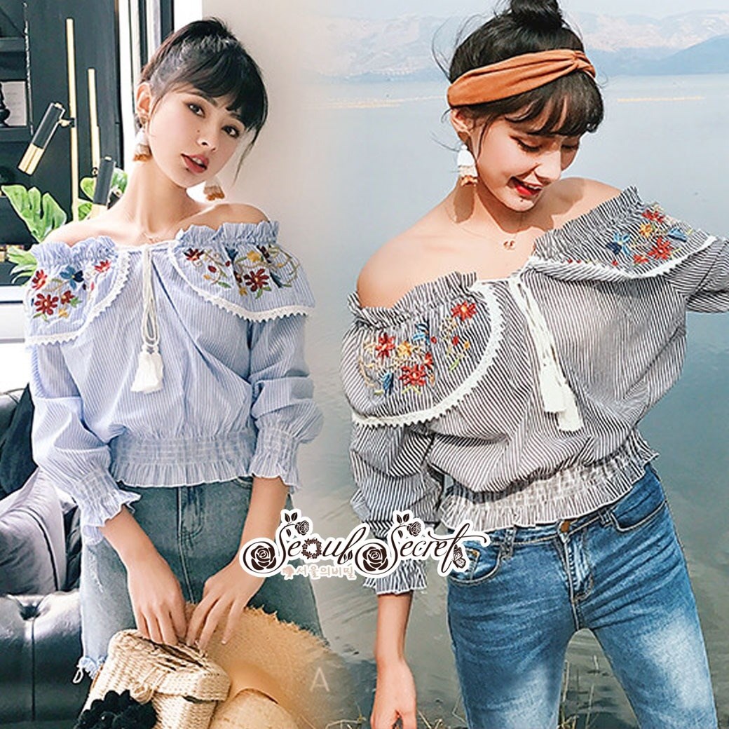 เสื้อเกาหลี พร้อมส่ง เสื้อผ้า คอตตอนพิมพ์ลายริ้ว