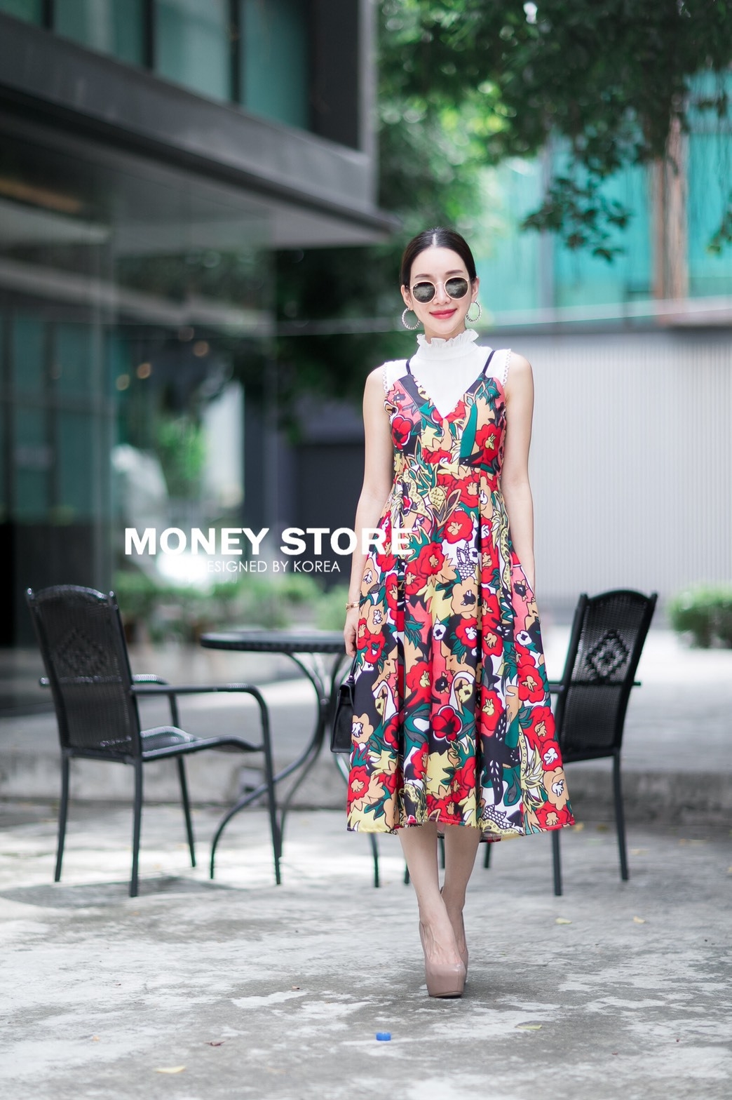 เดรสเกาหลี พร้อมส่ง ชุดเดรส กระโปรง8ส่วนทรงบานจับจีบ