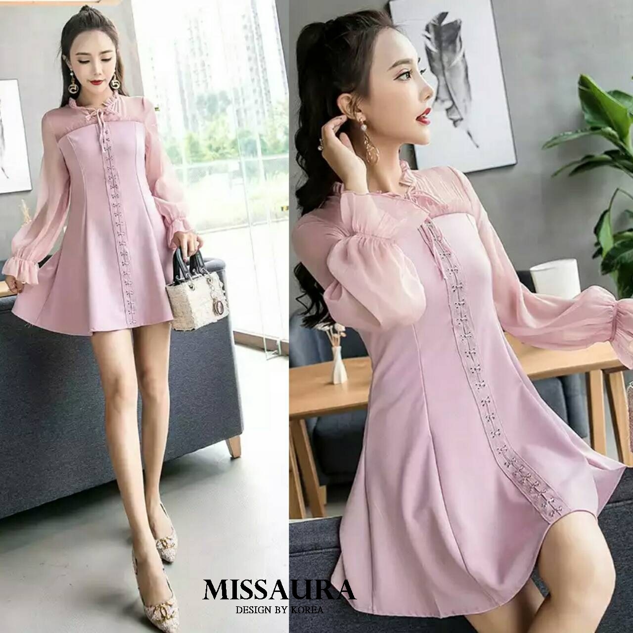 ชุดเดรสเกาหลี พร้อมส่ง มินิเดรส ชีฟอง สีชมพูหวาน