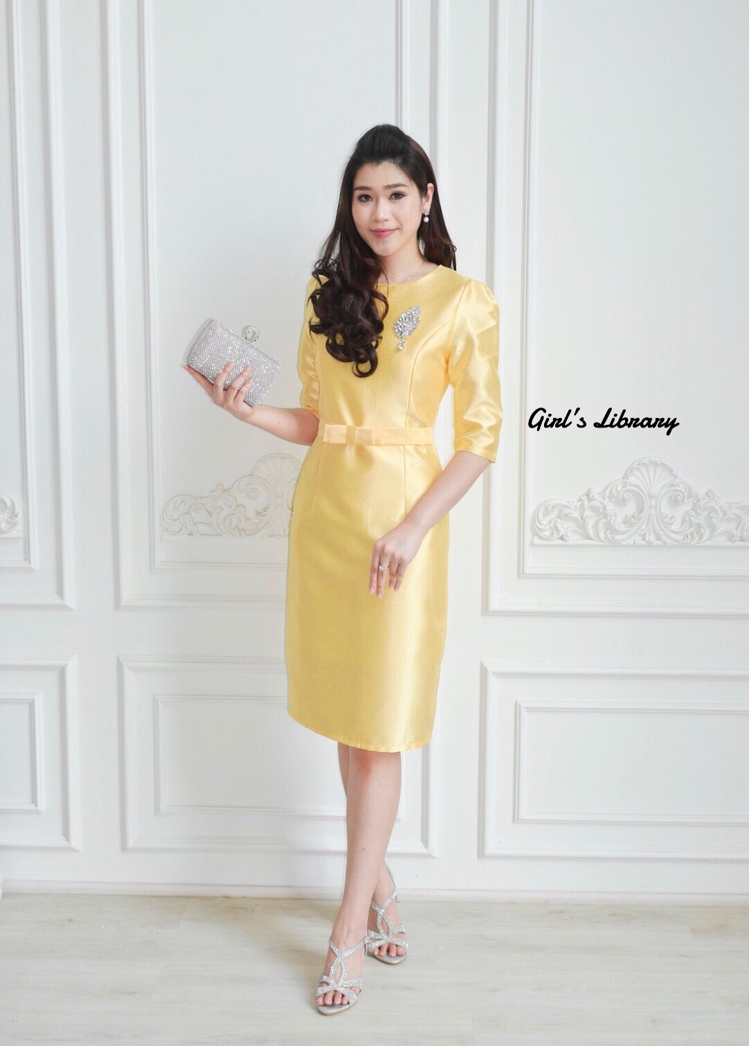 พร้อมส่ง Dress ผ้าไหมแขนสามส่วน