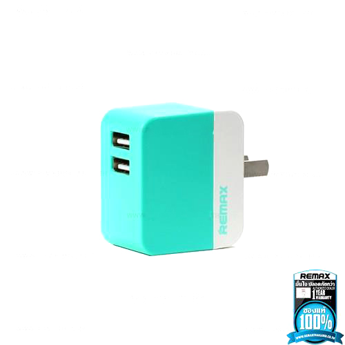 ปลั๊กเสียบชาร์จมือถือ มีช่อง USB 2 ช่อง รุ่น Remax แท้100% Adapter 3.1A RM - 6288 Green