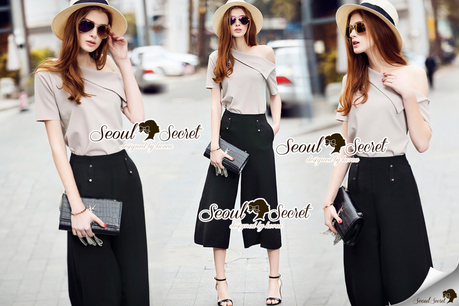 พร้อมส่ง เสื้อทรงคอปาดข้าง มาพร้อมกับกางเกงทรงคูลอตต์