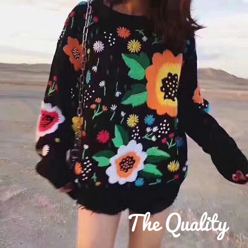 เสื้อเกาหลี พร้อมส่ง เสื้อไหมพรมงานปักทั้งตัว