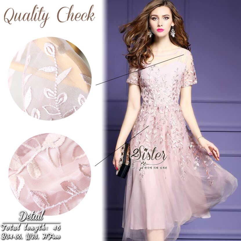 เดรสเกาหลี พร้อมส่ง เดรส see through ปักลายใบไม้