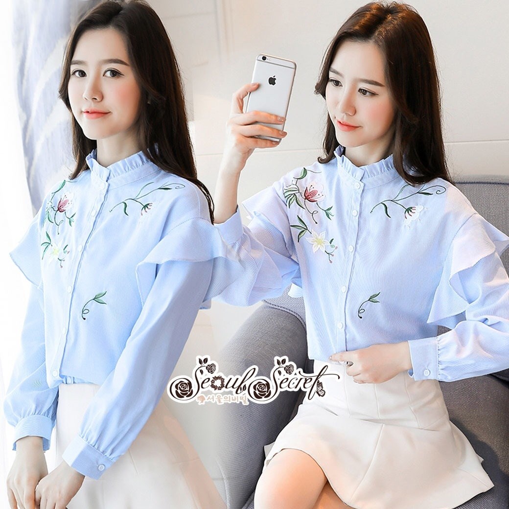 เสื้อเกาหลี พร้อมส่ง เสื้อเชิ้ท ทรงคอตั้งเก๋ๆ