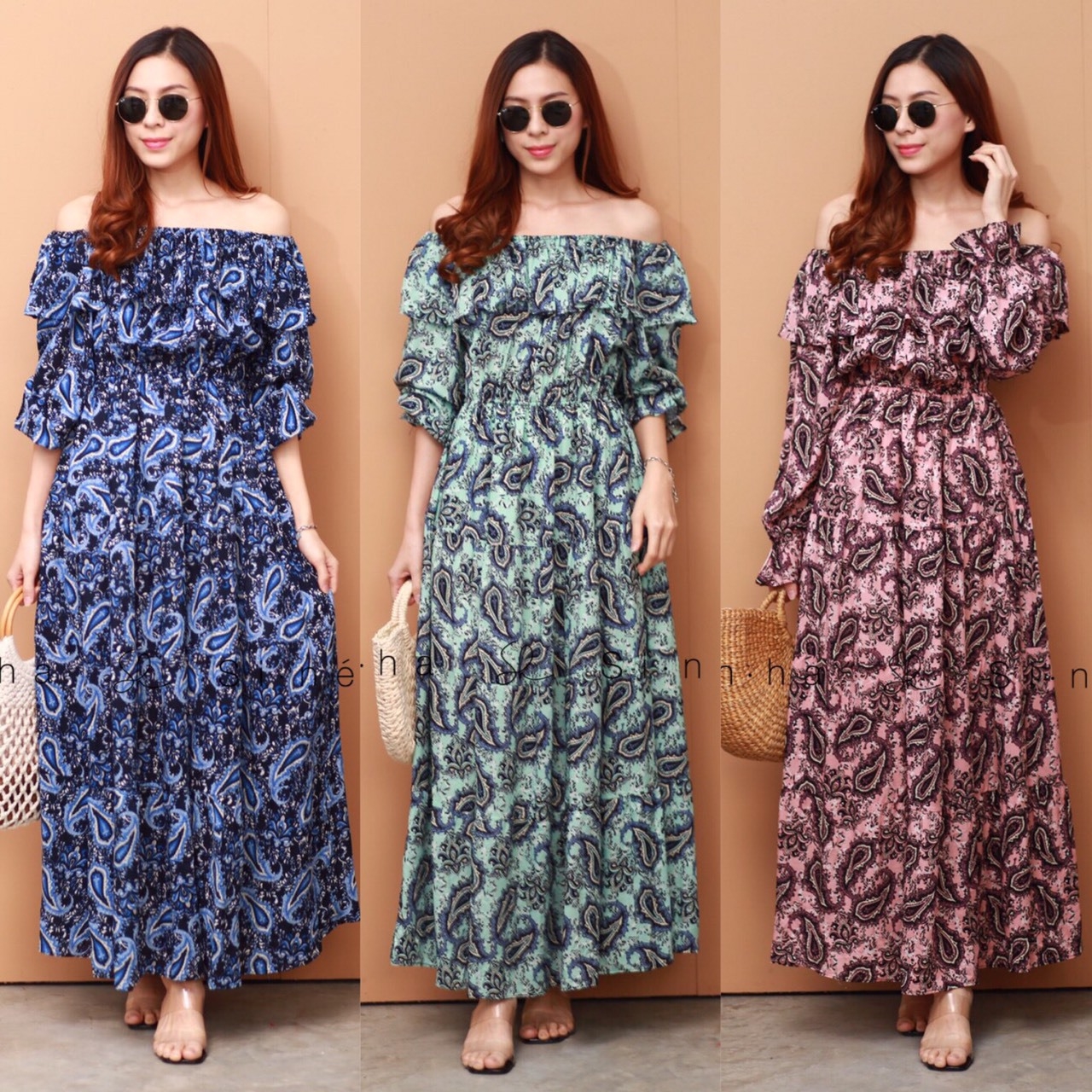 เดรสแฟชั่น พร้อมส่ง Maxi dress ผ้าสปัน ลายลูกน้ำ