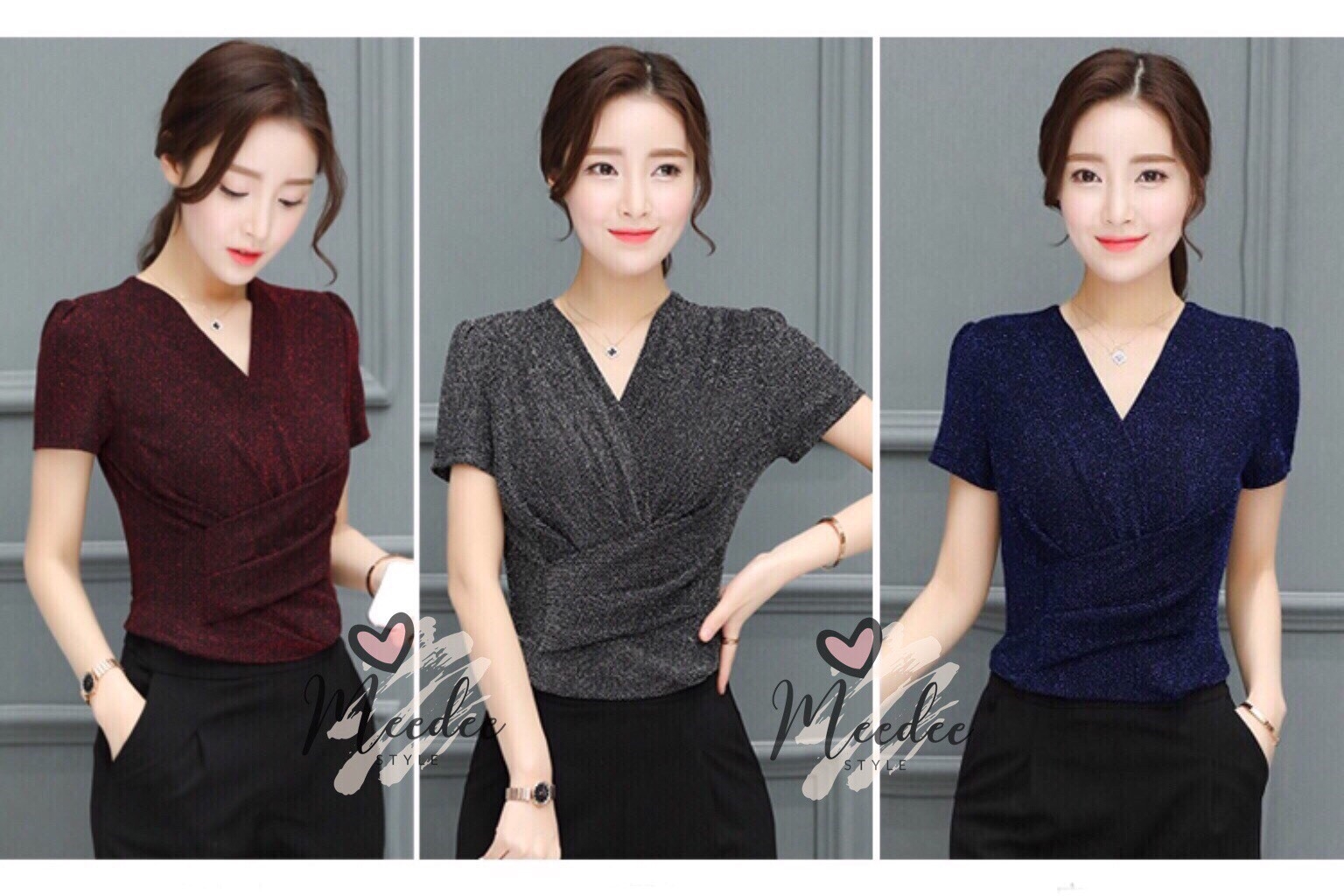 เสื้อเกาหลี พร้อมส่ง เสื้อแขนสั้นคอวีผ้าวิ้ง ยืดหยุ่น