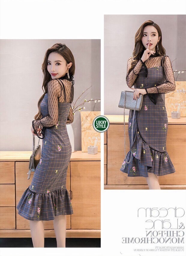 เดรสเกาหลี พร้อมส่ง Maxi Dress เดรสเกาหลี ลายตารางเล็ก