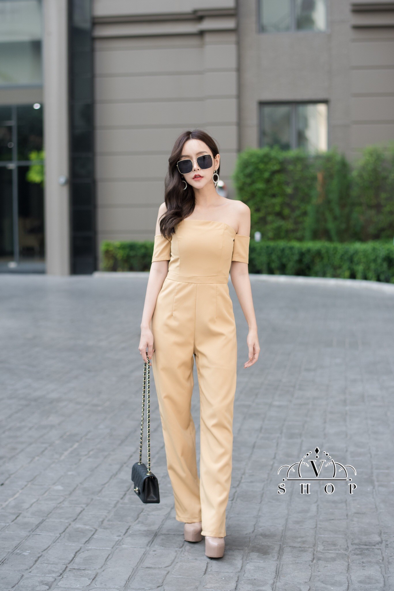 เสื้อผ้าเกาหลี พร้อมส่ง จั้มสูท ขายาว เกาะอกต่อแขน