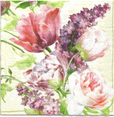 แนวภาพดอกไม้ Elizabeth Garden Tulip Lilac ทิวลิปพื้นครีม เป็นภาพเต็มแผ่น กระดาษแนพกิ้นสำหรับทำงาน เดคูพาจ Decoupage Paper Napkins ขนาด 33X33cm