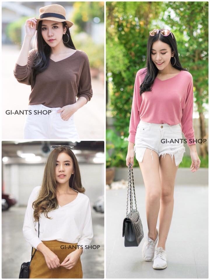 เสื้อเกาหลี พร้อมส่ง เสื้อคอวี แขนยาวจั้ม ปีกค้างคาว