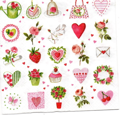 แนวภาพ Valentine หัวใจ กุหลาบ เค้ก จดหมาย เป็นภาพแนวยาว กระดาษแนพกิ้นสำหรับทำงาน เดคูพาจ Decoupage Paper Napkins ขนาด 33X33cm
