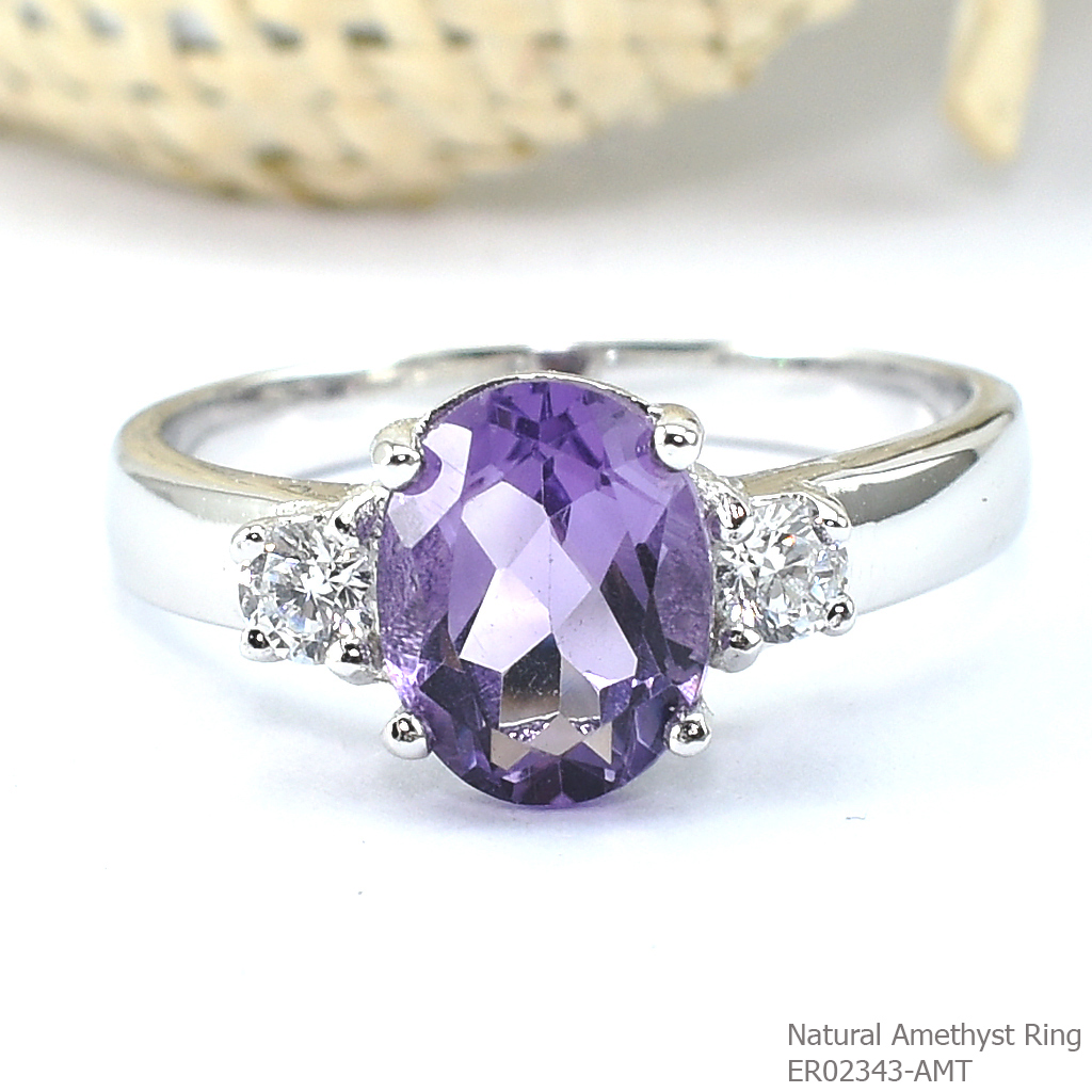 SKJewelryFactory แหวนเงินแท้ ฝังพลอยแอมิทิสต์แท้ ประดับด้วยเพชร ER02343-AMT