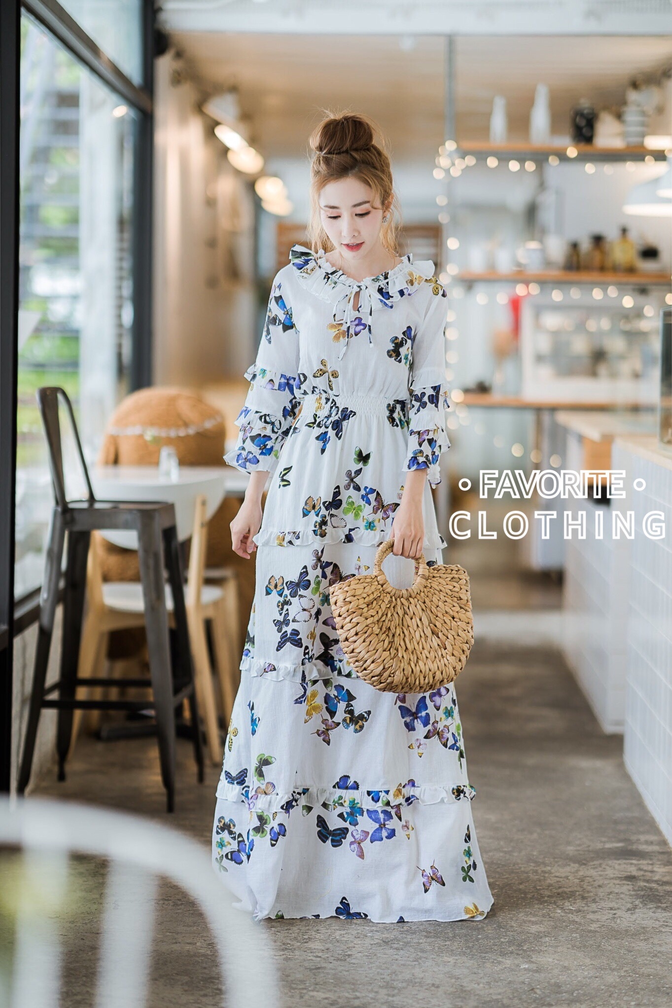 เดรสเกาหลี พร้อมส่ง แม็กซี่เดรส ผีเสื้อ คอระบาย