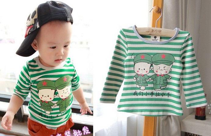 เสื้อเด็ก ทหารชาย-หญิงโทนเขียวลายทางแขนยาว ไซส์ 74,80