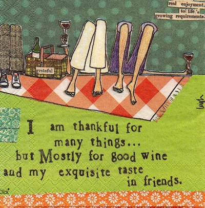 แนวภาพคำคม Thankful For Wine & Friends กระดาษแนพคินสำหรับทำงาน เดคูพาจ Decoupage Paper Napkins เป็นภาพ 4 บล๊อค ขนาด 25X25 ซม