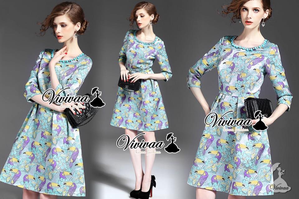 พร้อมส่ง เดรสเกาหลี เดรสทรงแขนสามส่วน
