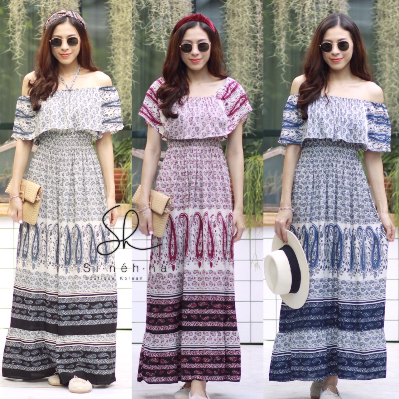 ชุดเดรสเกาหลี พร้อมส่ง Dress ปร้ินลายเชิง แต่งระบายรอบตัว