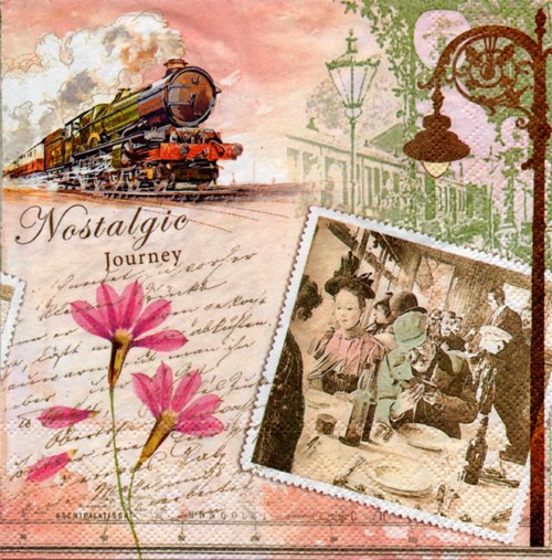 แนวภาพย้อนยุค รถไฟโบราณ กับแสตมป์ กับดอกไม้ เป็นภาพ 4 บล๊อค กระดาษแนพกิ้นสำหรับทำงาน เดคูพาจ Decoupage Paper Napkins ขนาด 33X33cm