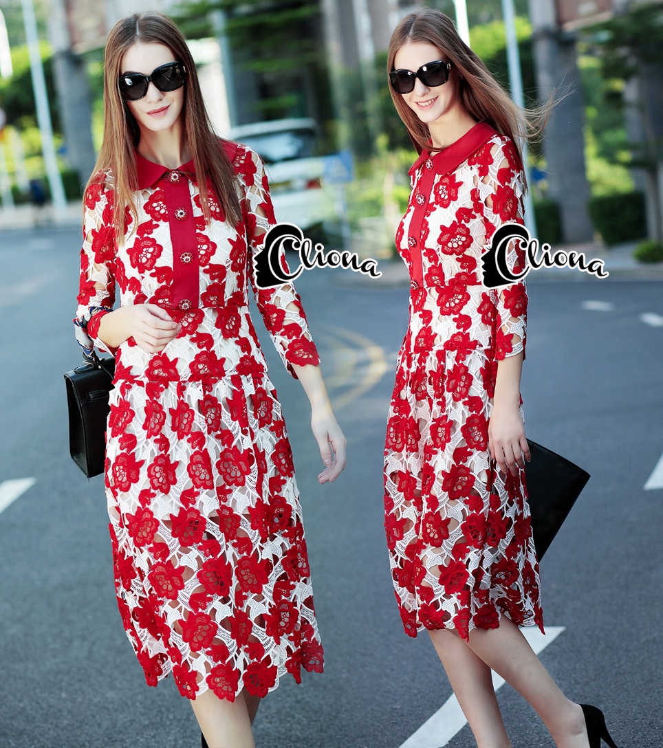 พร้อมส่ง long dress ลูกไม้ คอปก แขน 6 ส่วน