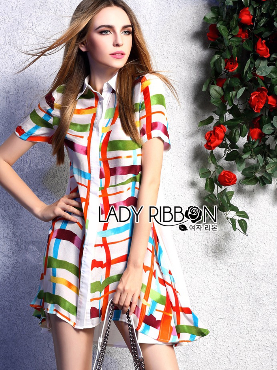 พร้อมส่ง เชิ้ตเดรสแขนสั้นพิมพ์ลายทางสก็อตสีสันสดใส
