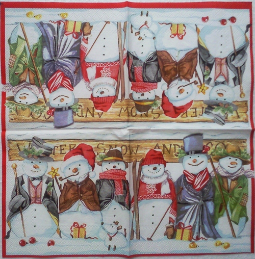 แนวภาพ คริสต์มาส Winter Snow ตุ๊กตาหิมะ Snow Man เป็นภาพแนวยาว กระดาษแนพกิ้นสำหรับทำงาน เดคูพาจ Decoupage Paper Napkins ขนาด 33X33cm