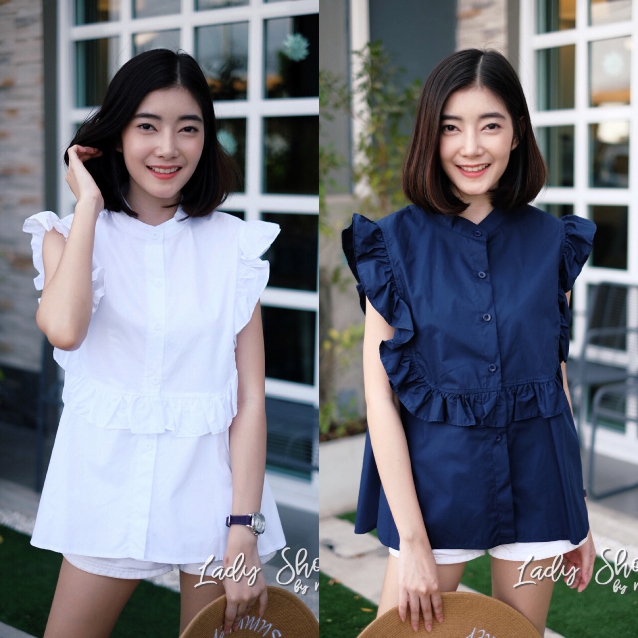เสื้อเกาหลี พร้อมส่ง เสื้อ แต่งระบาย งานสีพื้น