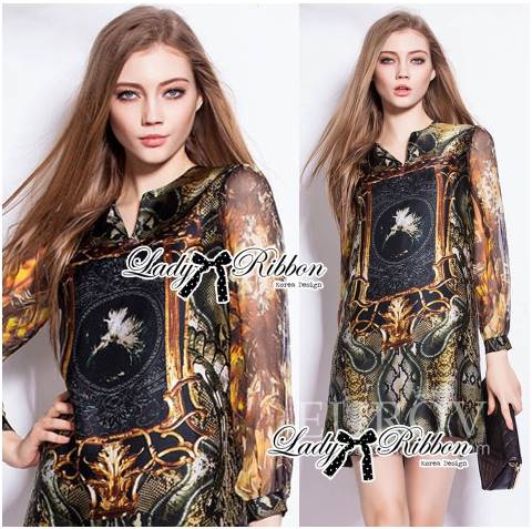 พร้อมส่ง มินิเดรสแขนยาวผ้าชีฟองพิมพ์ลายไพธอน