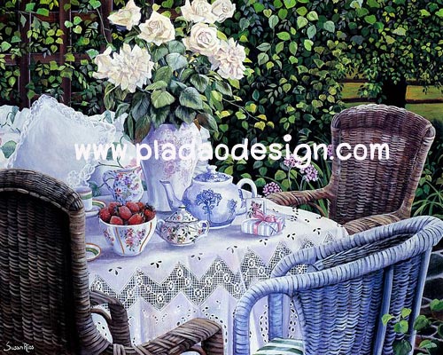 กระดาษเดคูพาจพิมพ์ลาย สำหรับทำงาน เดคูพาจ Decoupage งานฝีมือ งาน Handmade แนวภาพ บ้านและสวน ชุดน้ำชาลายครามยามบ่าย อยู่ท่ามกลางสวนสวยและแสงแดดอ่อนๆ (pladao design)