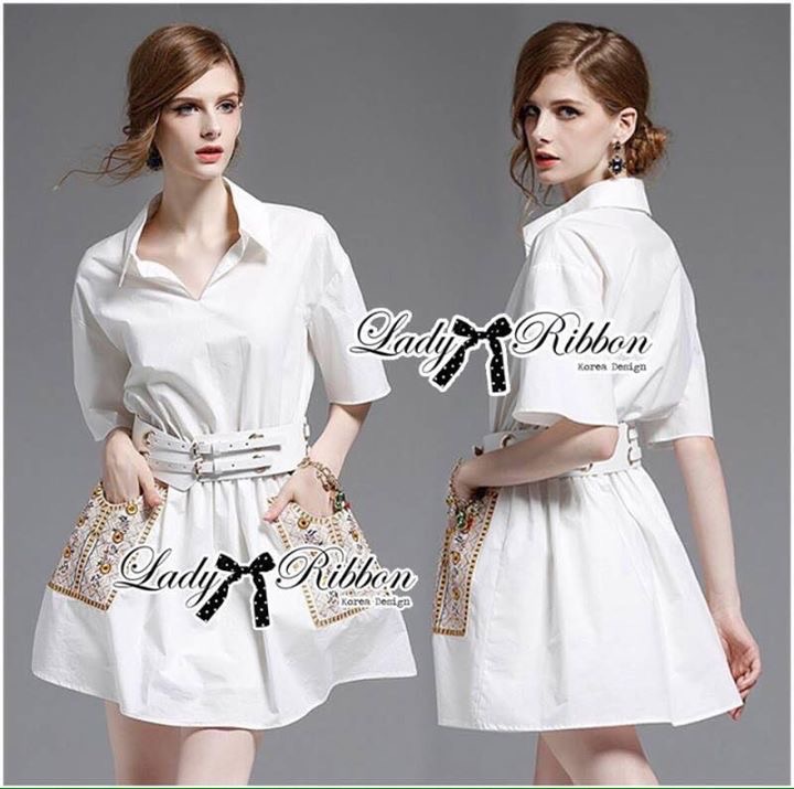 พร้อมส่ง White Dress เดรสสีขาวมีปกตกแต่งกระเป๋าปักลาย