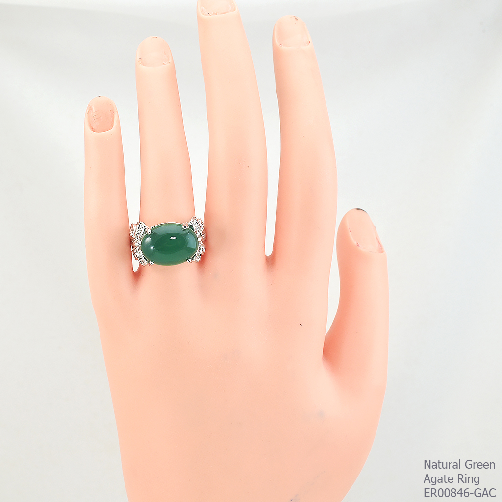 SKJewelryFactory แหวนโบว์คู่ แหวนชูหัวพลอย เจียรนัยพลอยทรงหลังเบี้ย แวววาว เหมือนมีดวงตาเพิ่ม พลอยกรีนอะเกทแท้ ER00846-GAC