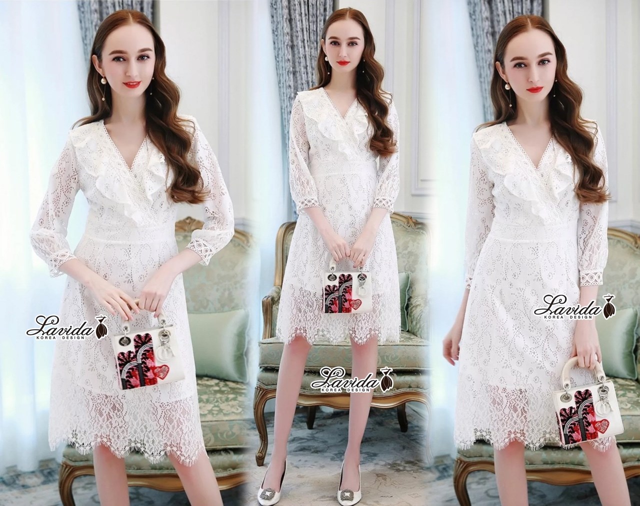 เดรสลูกไม้ พร้อมส่ง ชุดเดรสลูกไม้ ทอลายฉลุ ทรงแขนศอก