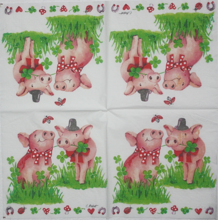 แนวภาพการ์ตูน หมูคู่รัก กับใบ Clover สัตว์ เป็นภาพบล็อค 4 กระดาษแนพกิ้นสำหรับทำงาน เดคูพาจ Decoupage Paper Napkins ขนาด 33X33cm