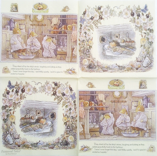 แนวภาพวินเทจ การ์ตูน Foxwood Tales บ้านหนู เม่น สัตว์ เป็นภาพครึ่งแผ่น กระดาษแนพกิ้นสำหรับทำงาน เดคูพาจ Decoupage Paper Napkins ขนาด 33X33cm