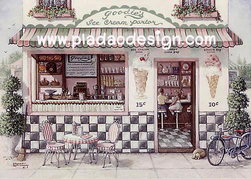 กระดาษอาร์ตพิมพ์ลาย art paper สำหรับทำงาน handmade เดคูพาจ Decoupage แนวภาพ ร้านขายไอศรีมสวยหวาน หน้าร้านมีเก้าอี้นั่งชมวิว สไตล์ยุโรปเค้าล่ะจร้า (pladao design)