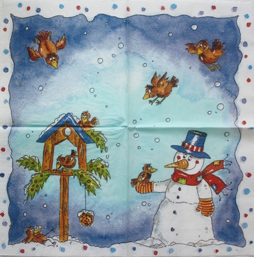แนวภาพคริสต์มาส Winter ตุ๊กตาหิมะ Snow Man กับนก เป็นภาพเต็มแผ่น กระดาษแนพกิ้นสำหรับทำงาน เดคูพาจ Decoupage Paper Napkins ขนาด 33X33cm