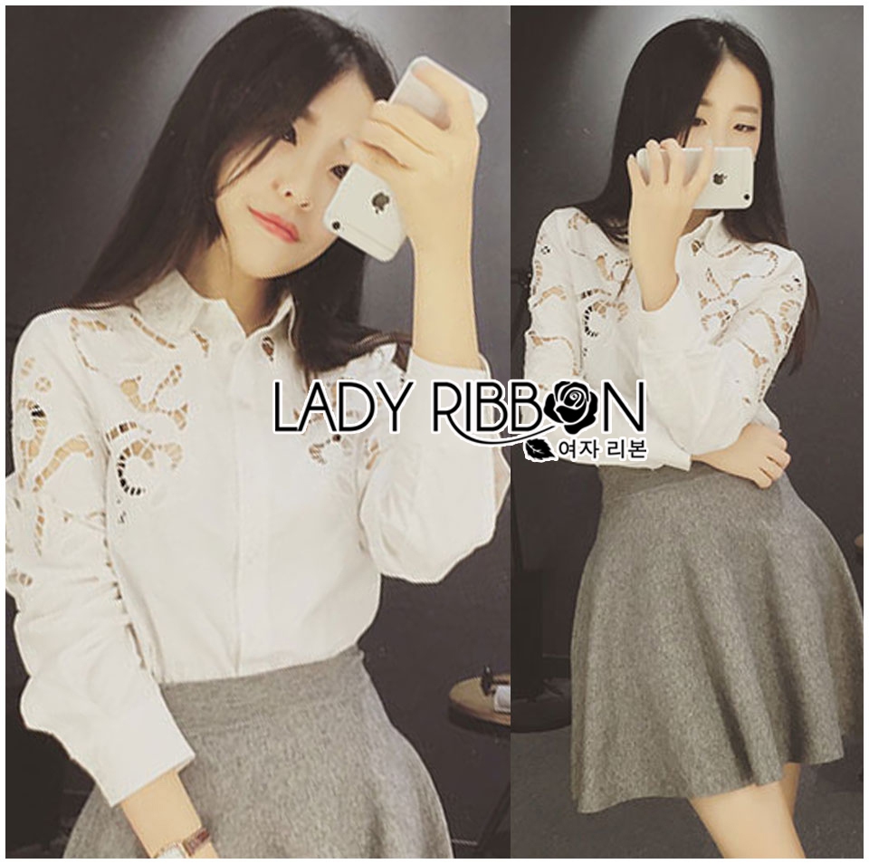 พร้อมส่ง เชิ้ตสีขาวปักและฉลุลายสไตล์มินิมัล