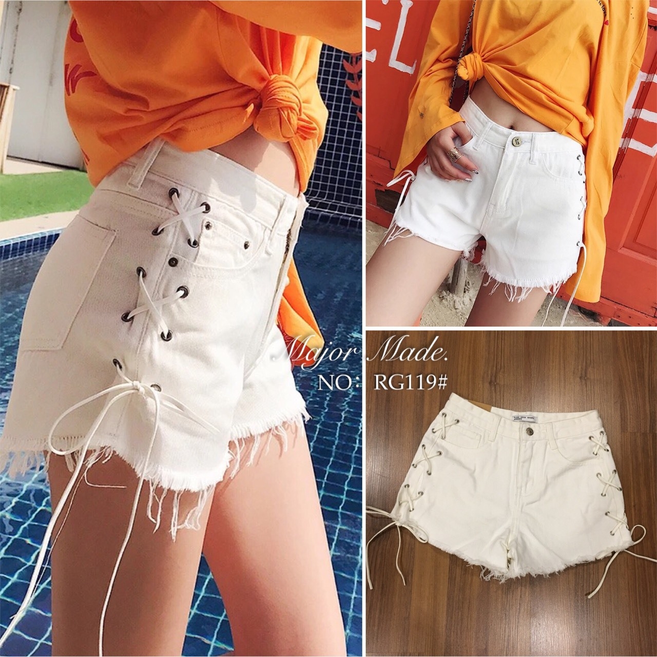 พร้อมส่ง กางเกงยีนส์ ขาสั้น ผูกเชือกด้านข้าง