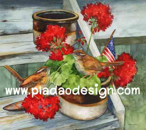 กระดาษสาพิมพ์ลาย สำหรับทำงาน เดคูพาจ Decoupage แนวภาำพ นกน้อยสีน้ำตาล 2 ตัว นั่งคุยกันอยู่ในกระถางดอกไม้สีแดงปักธงชาติอเมริกา ตั้งอยู่บนบันไดไม้ สีคลาสสิคสวยหวาน (ปลาดาวดีไซน์)