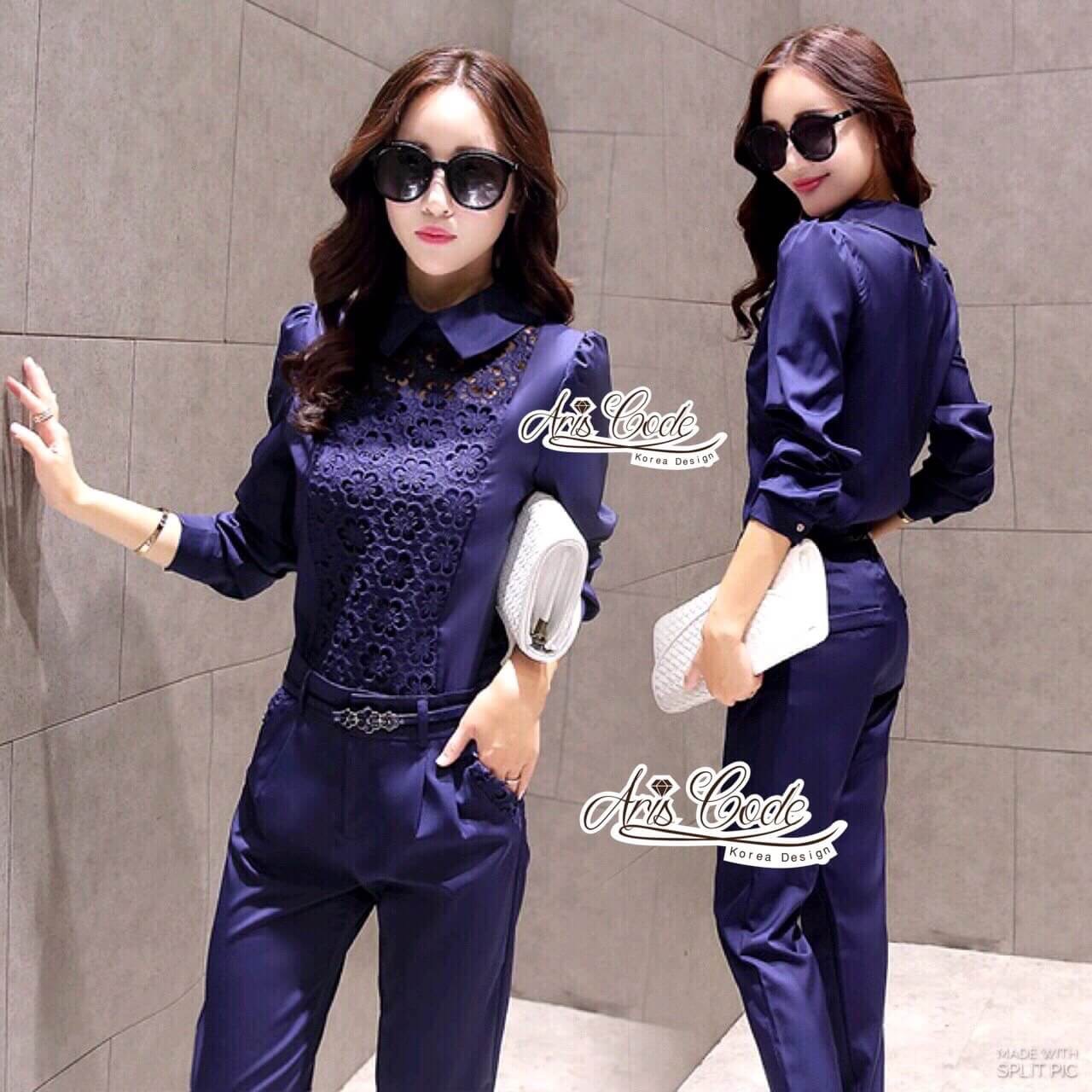 พร้อมส่ง เสื้อผ้าเกาหลี เสื้อเชิ๊ตแขนยาวสีกรม