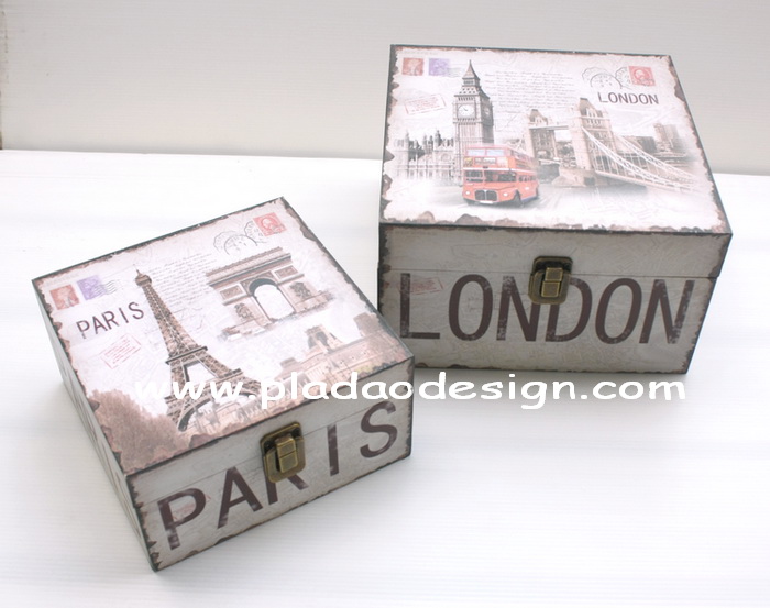 กล่องเก็บของทรงจตุรัส 2 ใบชุด ภาพวินเทจชุด Paris London เก็บซ้อนกันได้