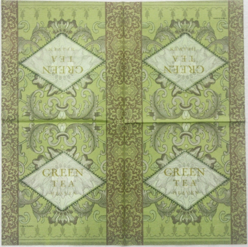 แนวภาพอาหาร ภาพใบปิดชาเขียว Green Tea สไตย์โบราณ ภาพโทนสีเขียว เป็นภาพ 4 บล๊อค กระดาษแนพกิ้นสำหรับทำงาน เดคูพาจ Decoupage Paper Napkins ขนาด 33X33cm