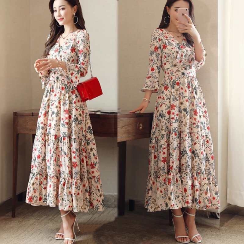 ชุดเดรสเกาหลี พร้อมส่ง เดรสยาว สกรีนลายดอกไม้