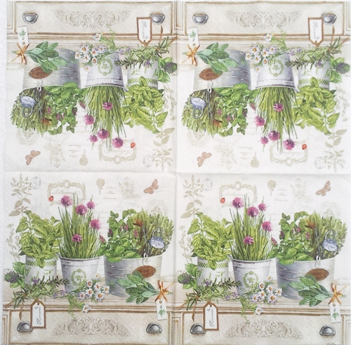 แนวภาพสวน กระถางดอกไม้ แนววินเทจ กระดาษแนพกิ้นสำหรับทำงาน เดคูพาจ Decoupage Paper Napkins เป็นภาพ 4 บล๊อค ขนาด 33X33cm