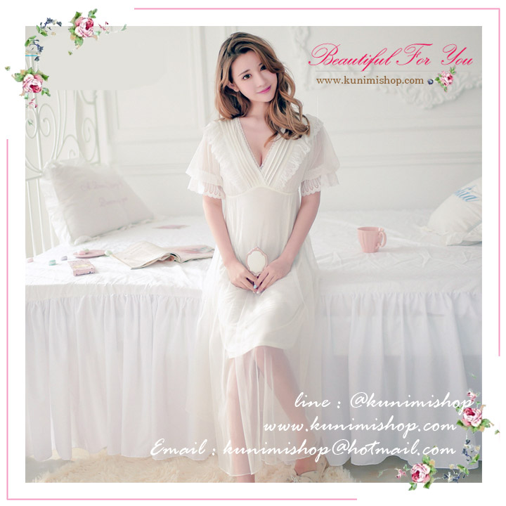 SP087 ชุดนอนกระโปรงยาว สีขาว สวยหวาน สไตล์คุณหนู ผ้าฝ้ายตัดแต่งด้วยผ้าลูกไม้ งานสวยมากคะ