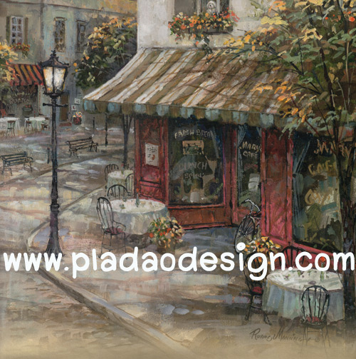 กระดาษสาพิมพ์ลาย สำหรับทำงาน เดคูพาจ Decoupage แนวภาำพ ภาพวาด Cafe ร้านกาแฟตะวันตกแบบน่ารักๆ เอาท์ดอร์ในบรรยากาศร่มรื่น ภาพสีซอฟต์ๆ (ปลาดาวดีไซน์)