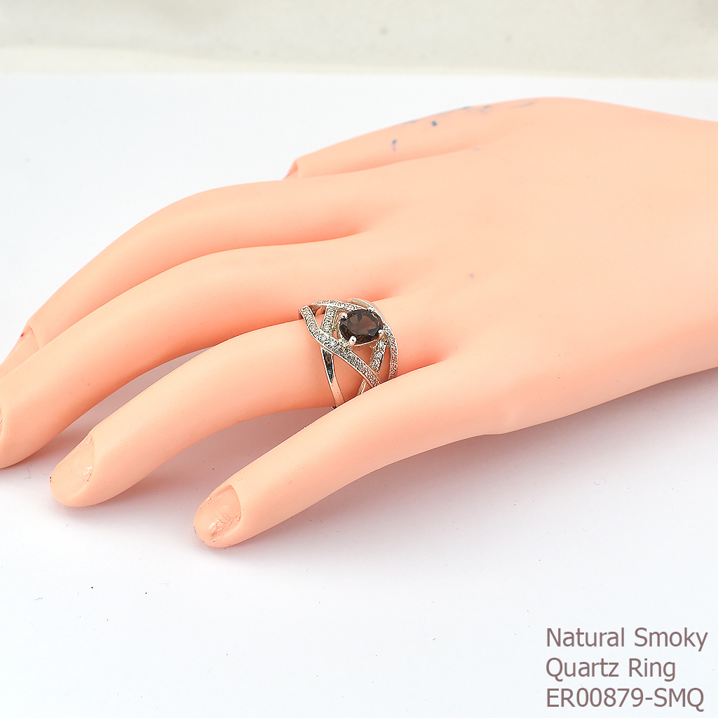SKJewelryFactory แหวนพลอยสโมกกี้ควอทซ์แท้ พลอยสีน้ำตาลอมดำ แบบแหวนเก่ๆ ER00879-SMQ