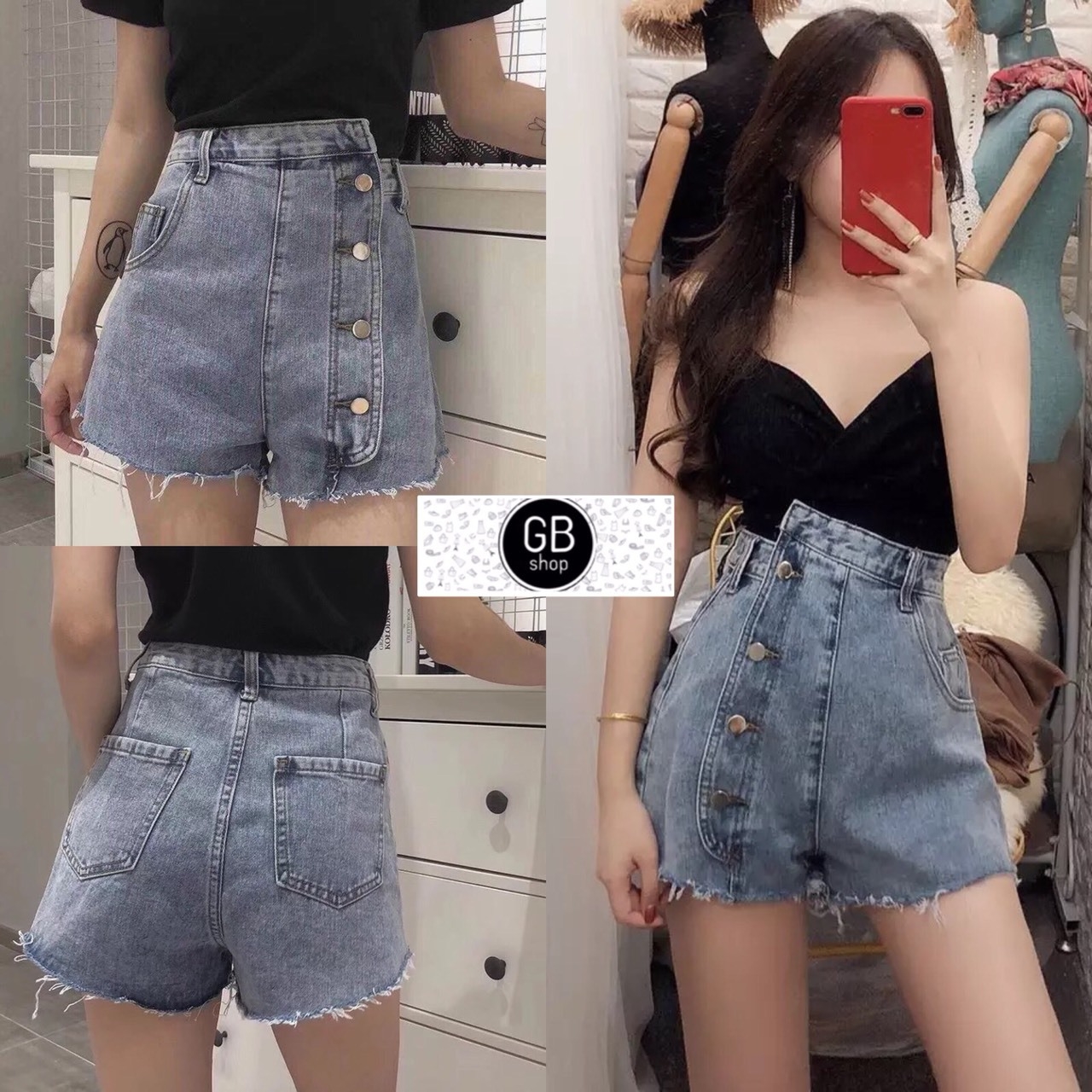 พร้อมส่ง กางเกงยีน ขาสั้นเอวสูง